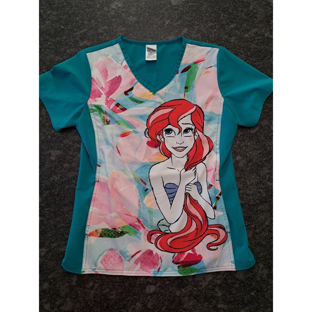 Disney Ariel Little Mermaid Small Women's Short Sleeve Scrub Top Shirt Stretch